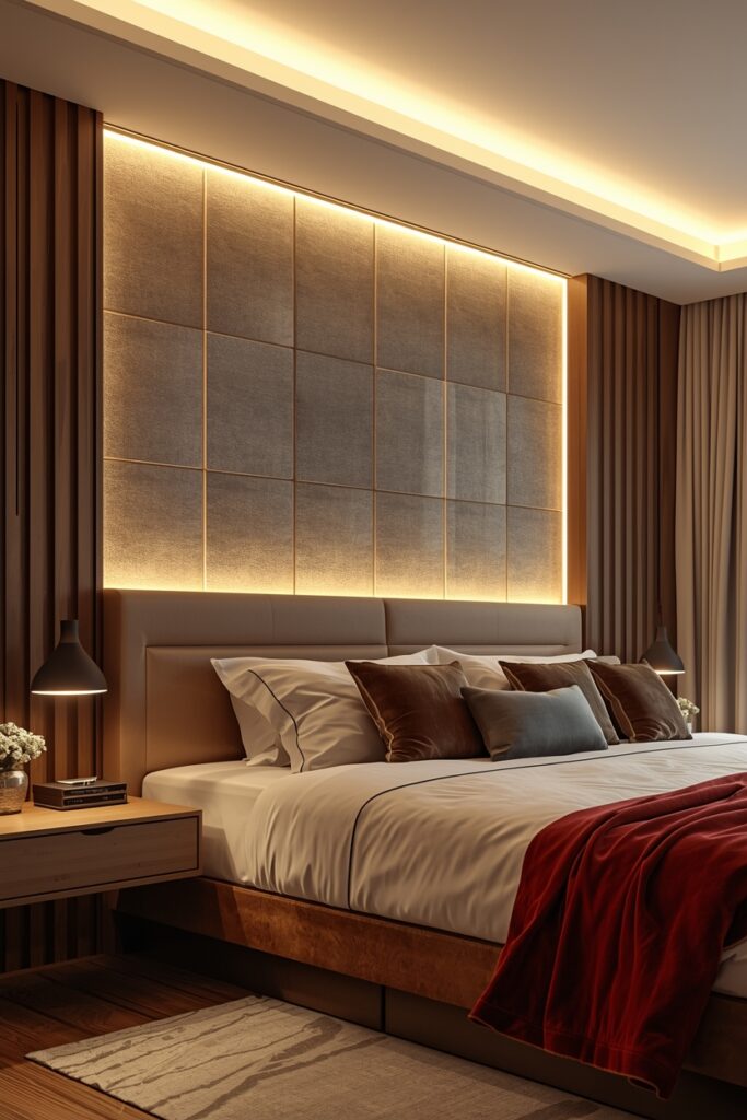Warm LED glow spreading behind a bedroom headboard wall.