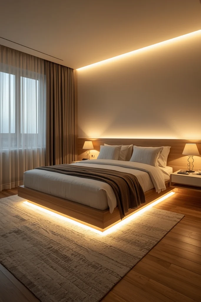 LED strips hidden under a bed frame glow softly.