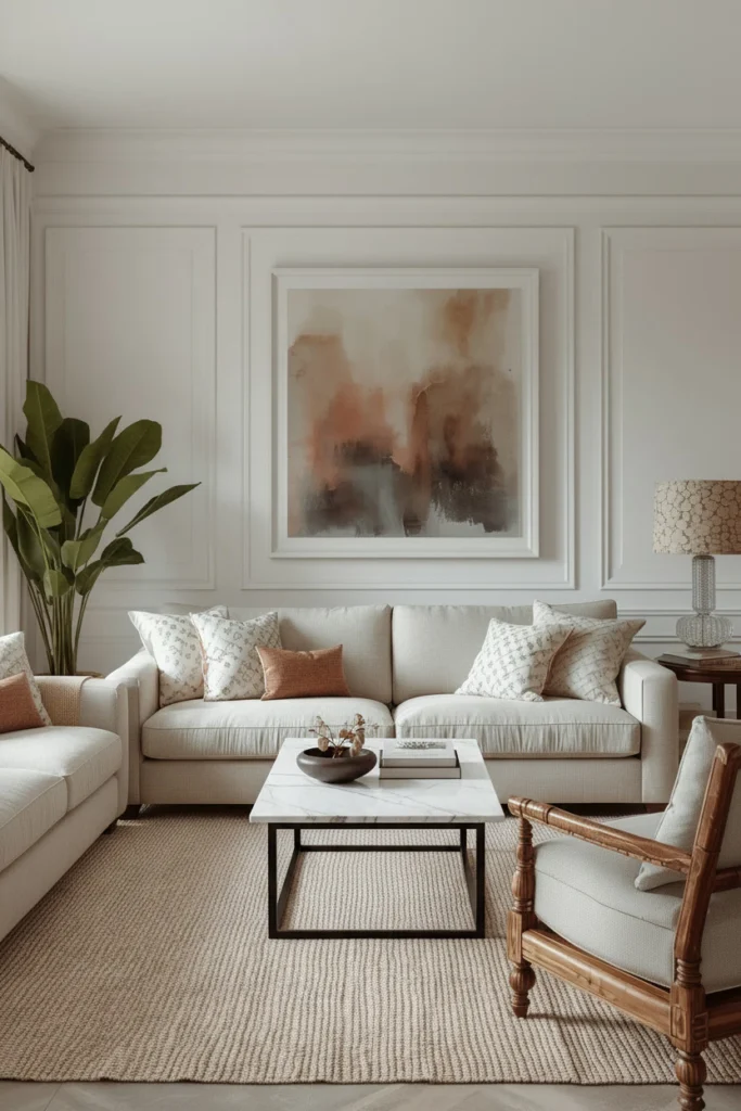 A cream bouclé sofa adds elegance to a bright living room.