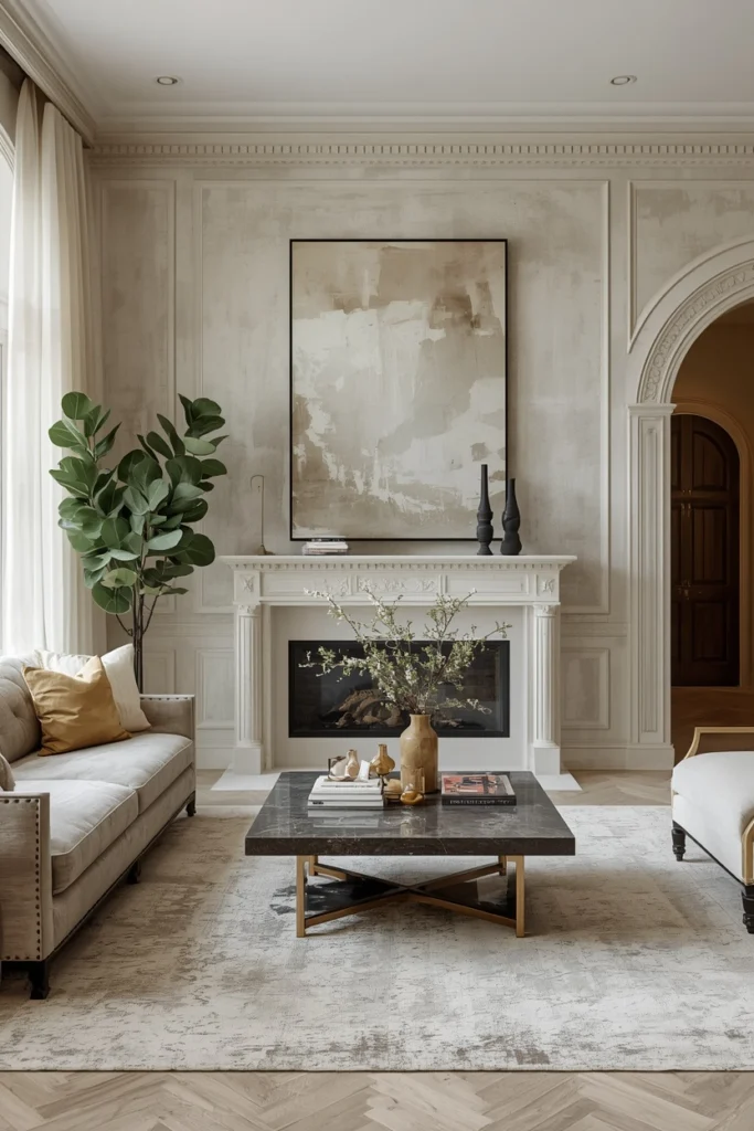 Limewash paint creates a soft layered texture on a warm wall.