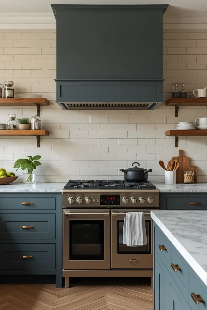 Limewashed brick backsplash adds texture and old-world charm.