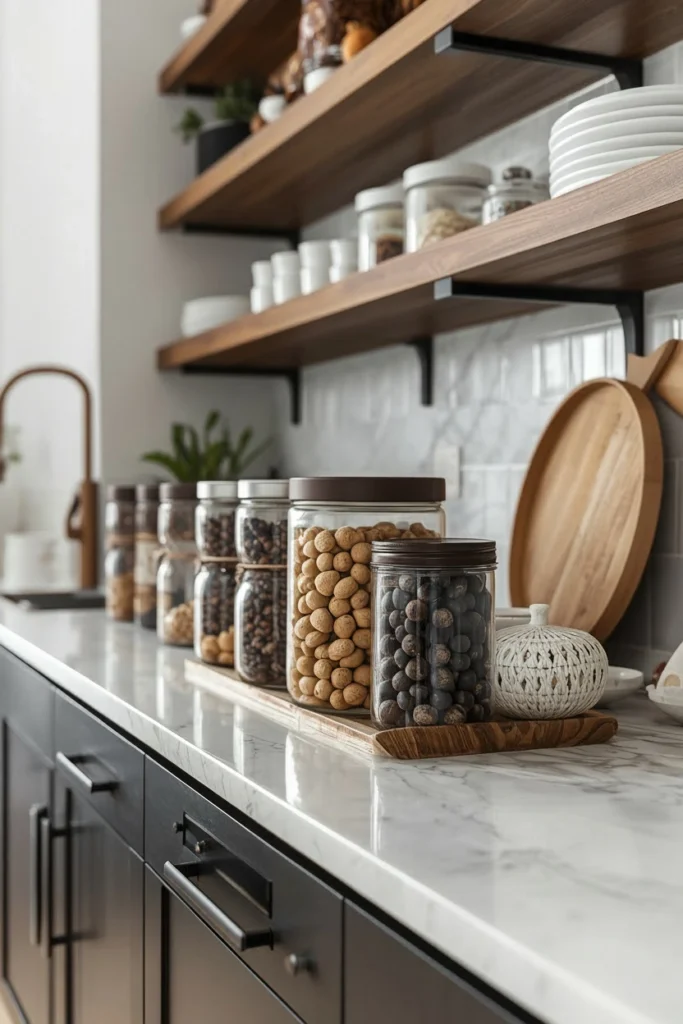 Matching glass jars lined up neatly on kitchen counter.