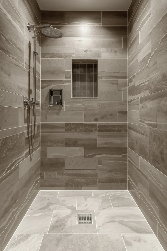 A linear drain gives the shower floor a clean finish.