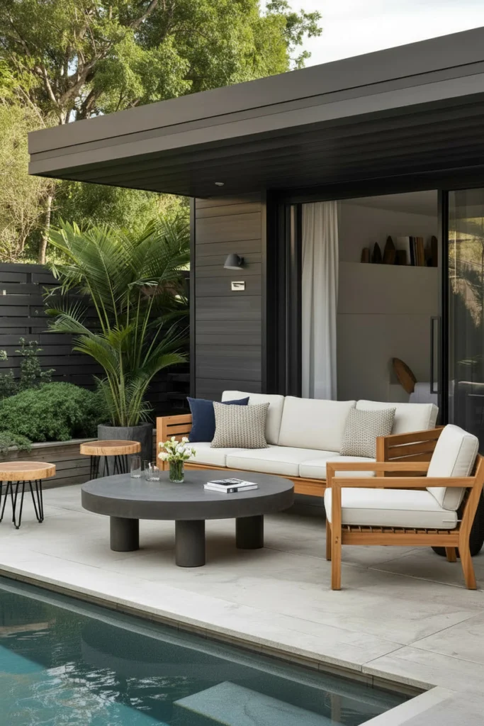 A low teak sofa brightens any simple patio.