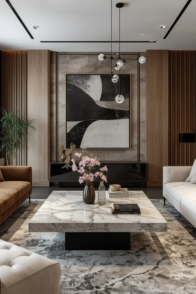 A white marble coffee table sits in a stylish living room.