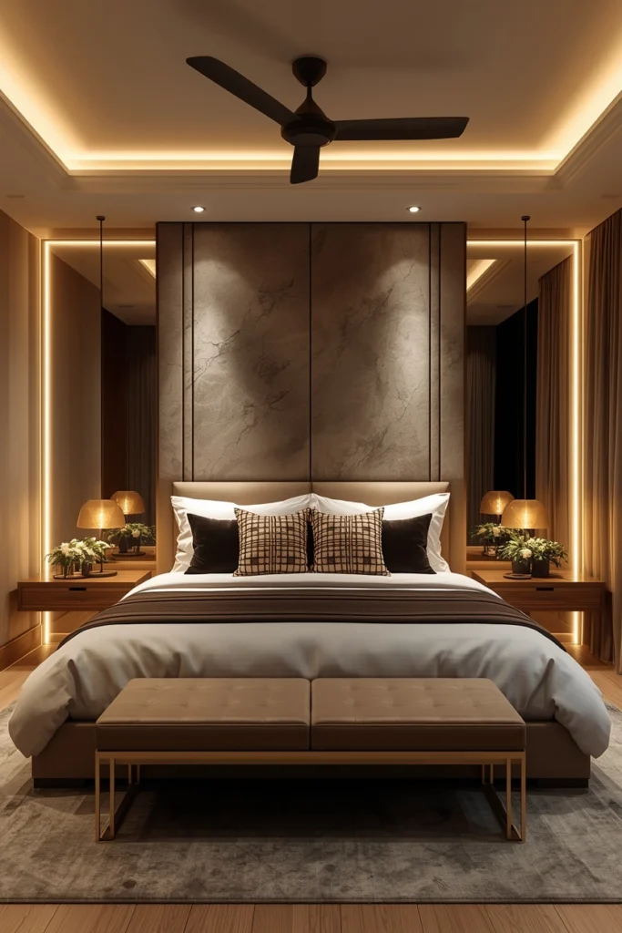 Matching bedside lamps placed symmetrically on both bed sides.