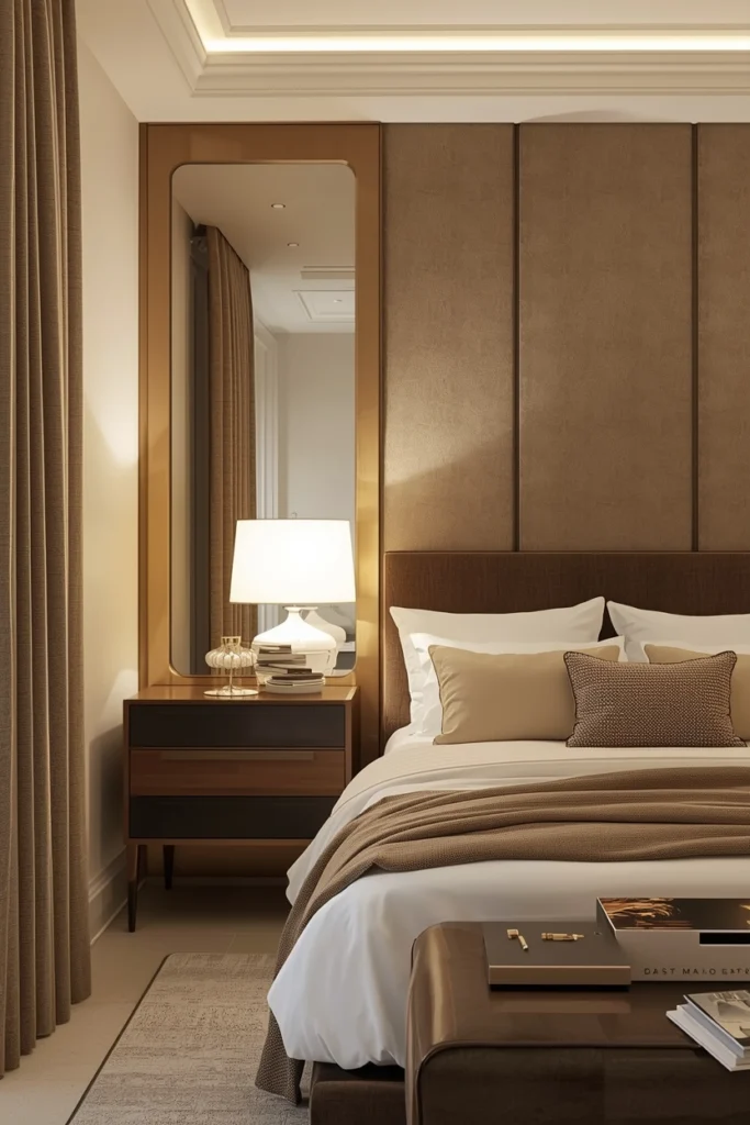 Large mirror reflecting warm lamp light around the bedroom.