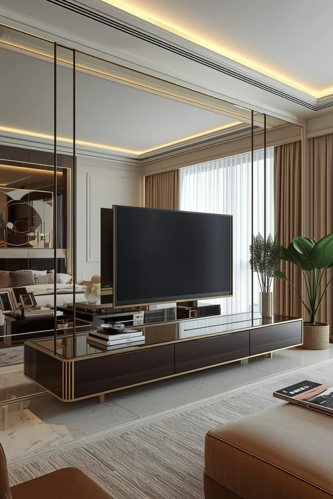 Mirrored wall panel with a television built seamlessly inside.