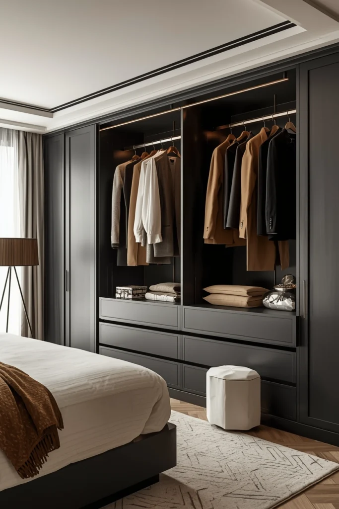 Motorized pull-down wardrobe rail makes tall storage fully accessible.