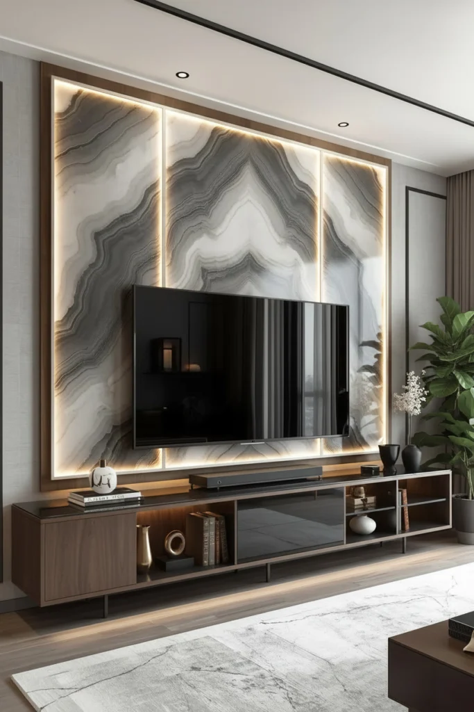 Motorized TV lift rising from behind a decorative art panel.