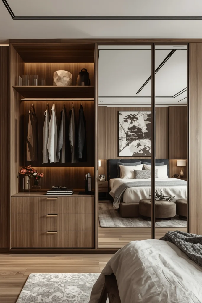 Open wardrobe shelf with mirror reflects light into the bedroom.