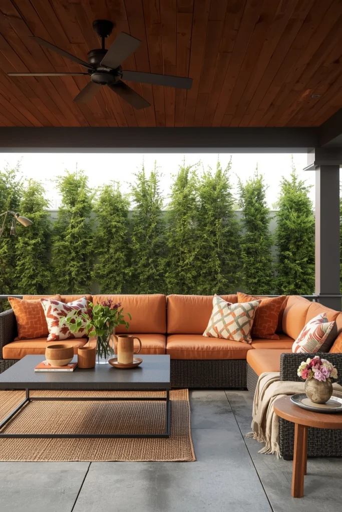 Orange terracotta cushions make the patio feel warmly inviting.