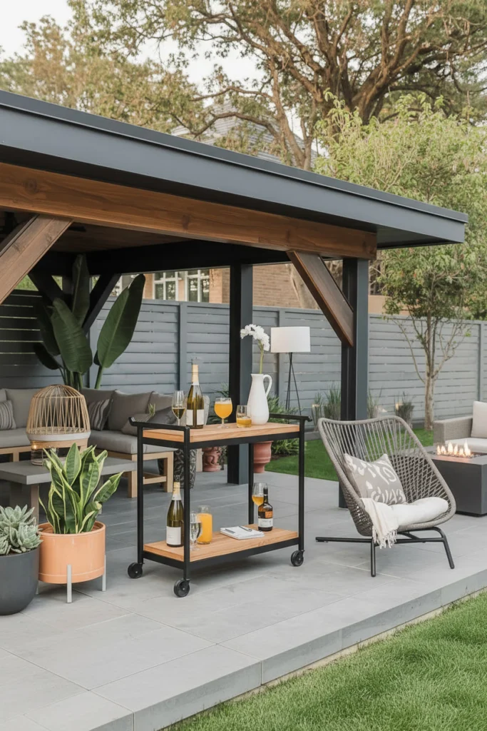 A steel bar cart sits in a backyard entertaining area.