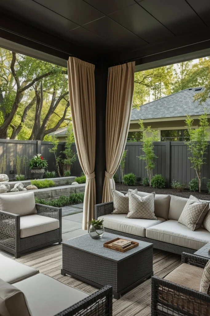 Neutral outdoor curtains hang around a patio area.