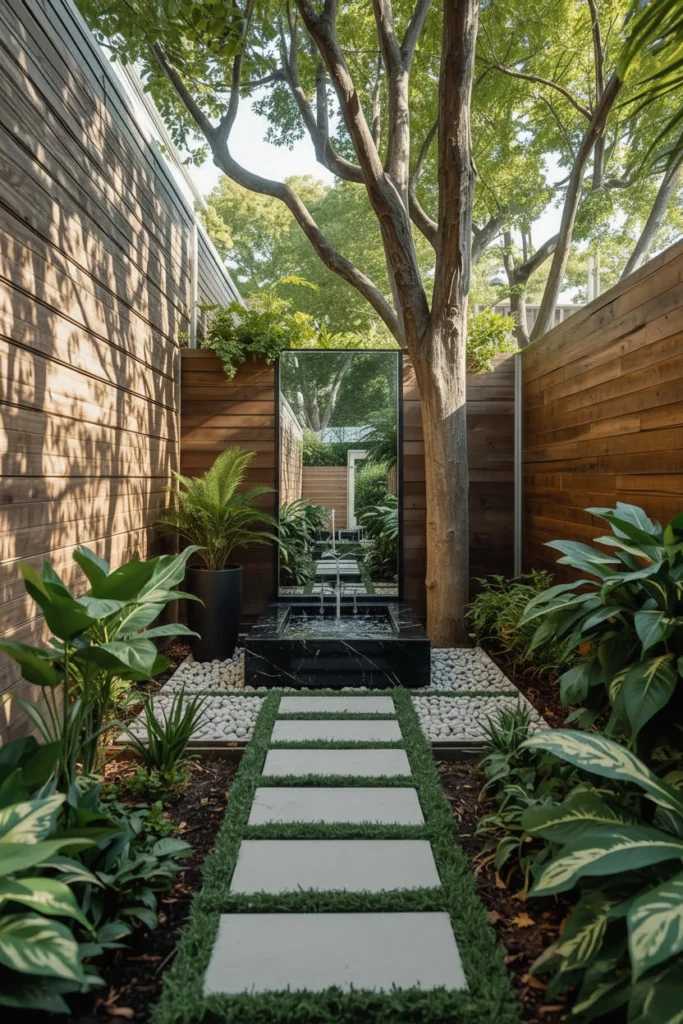 Outdoor mirror panels are fixed to a backyard fence.