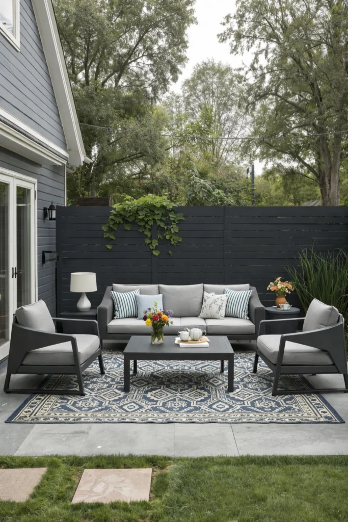 A large outdoor rug sits under backyard patio furniture.