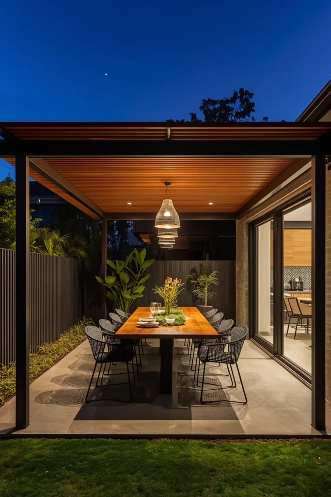 A pergola frames an outdoor backyard dining table.