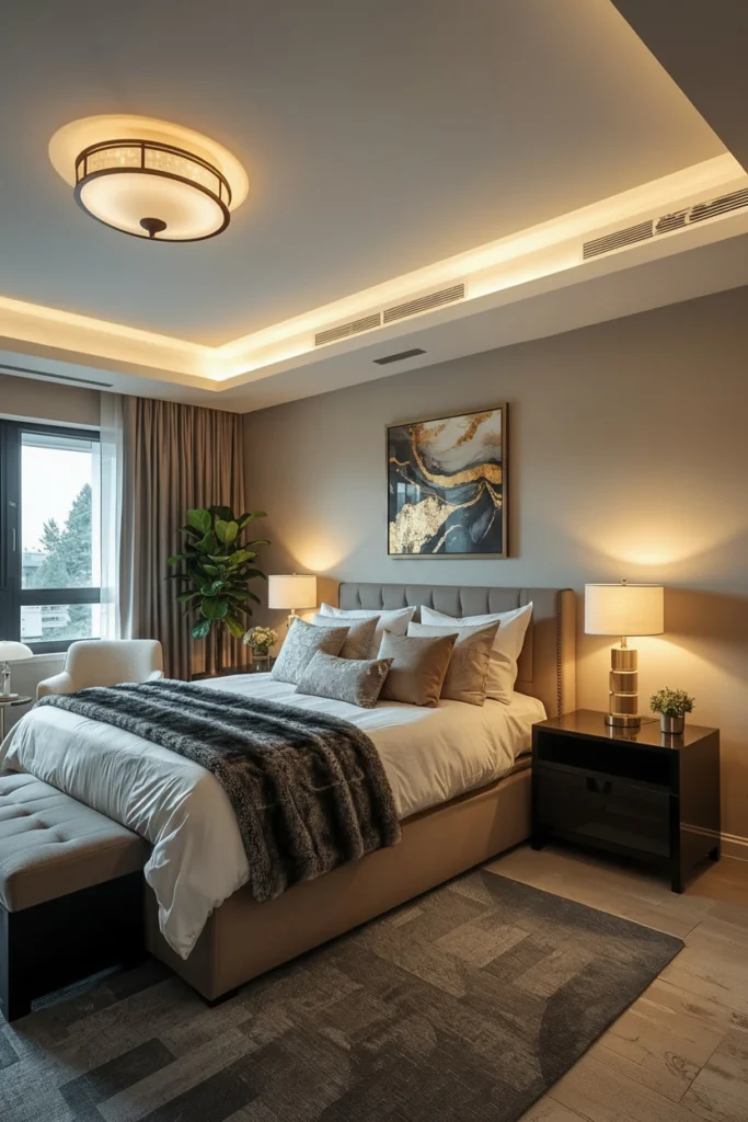 Warm yellow bulbs light up a cozy bedroom.