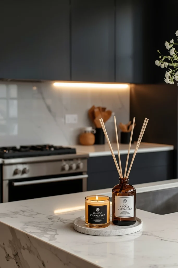 A candle in a simple holder on counter.