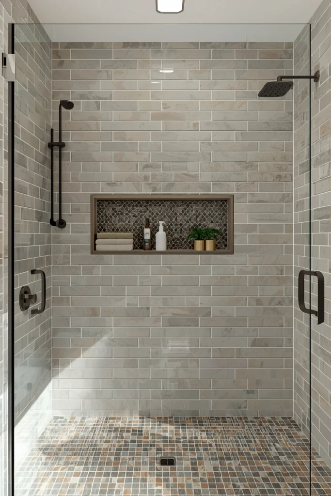 Recessed shower shelves keep walls flat and neatly organised.