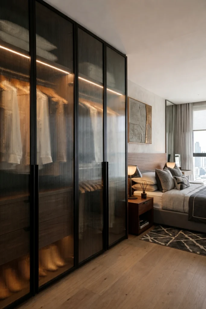 Reeded glass wardrobe doors with clean brass or black frames.