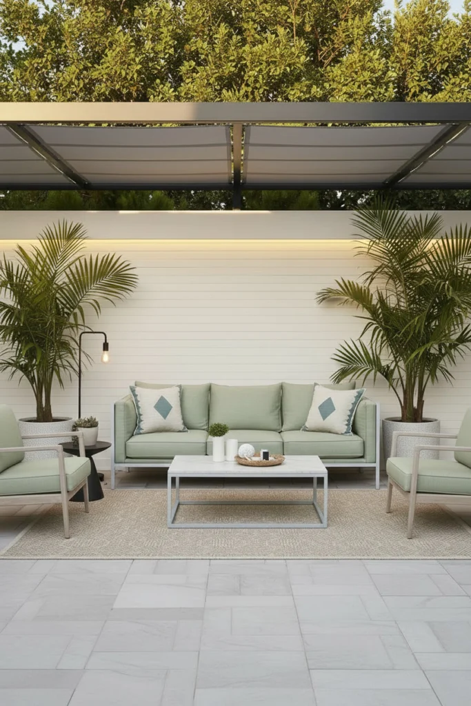 A sage green sofa blends beautifully with garden surroundings.