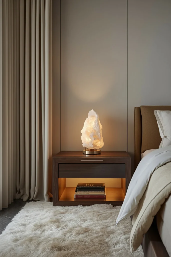 salt lamp glowing softly on a bedroom nightstand.