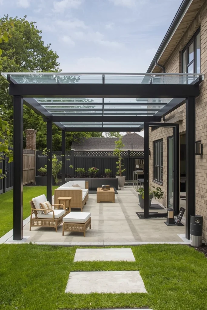 A clear polycarbonate roof panel sits on a pergola.