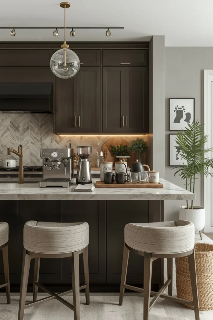 A tidy coffee corner with machine, cups, and plant.