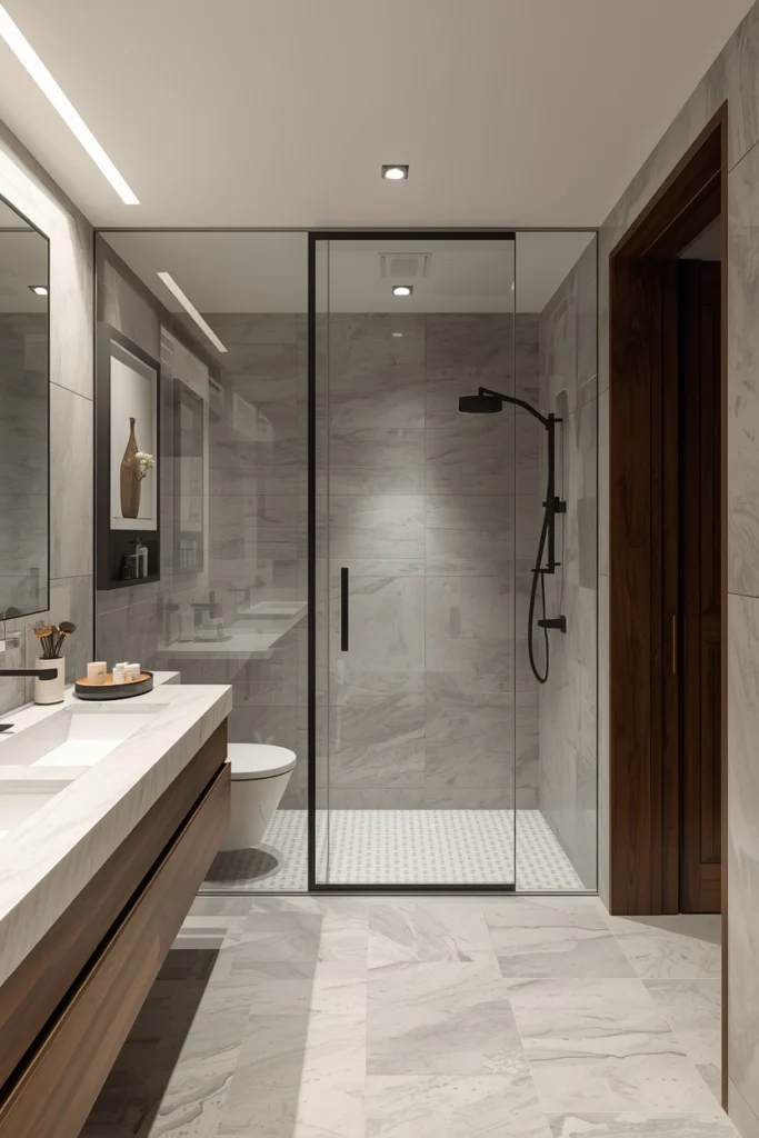 A sliding door saves valuable space in small bathrooms.