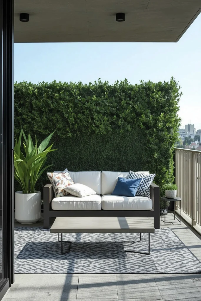 A small two-seat sofa fits perfectly on compact balconies.