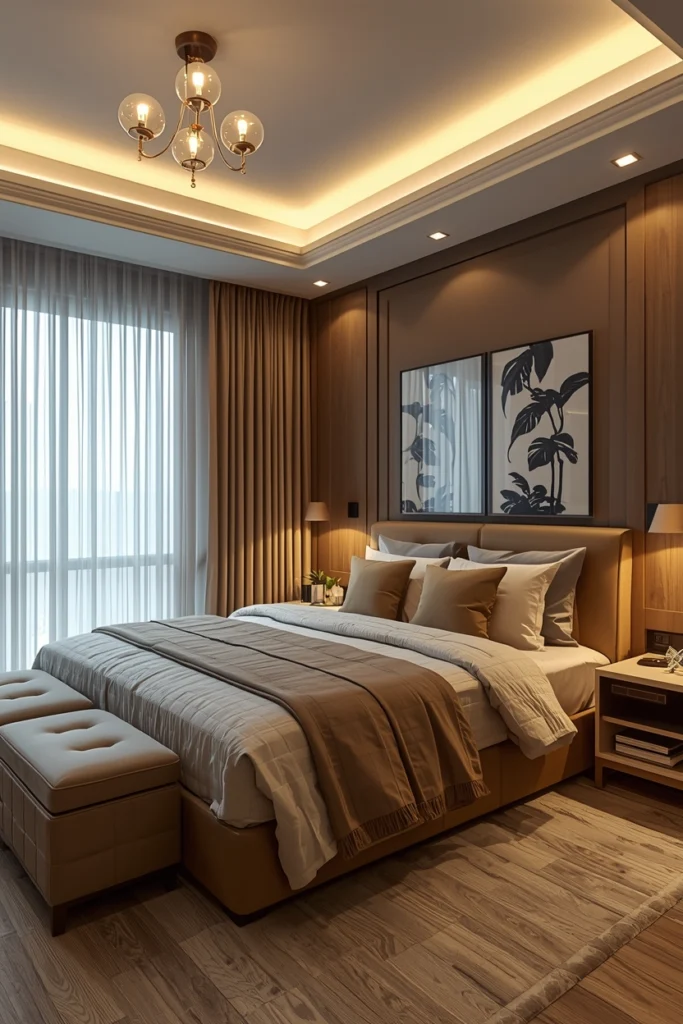 Smart bulb glowing warmly inside a modern bedroom lamp.