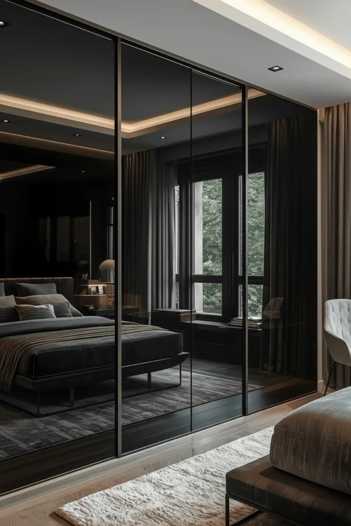 Smoked glass sliding doors suit small modern bedrooms perfectly.