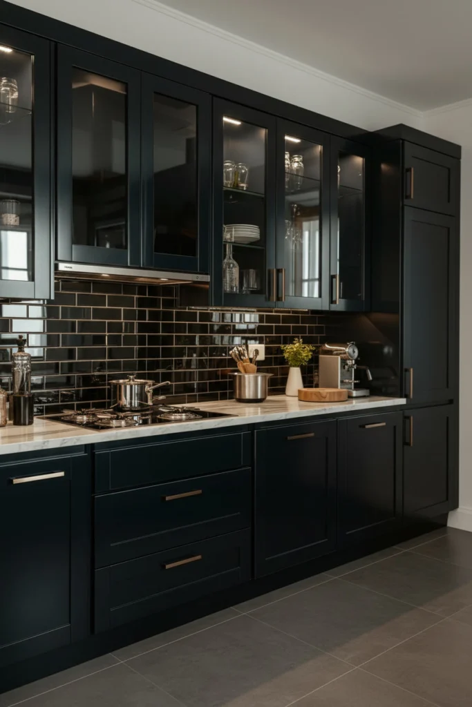 Smoked glass tiles glow beautifully under cabinet lighting.