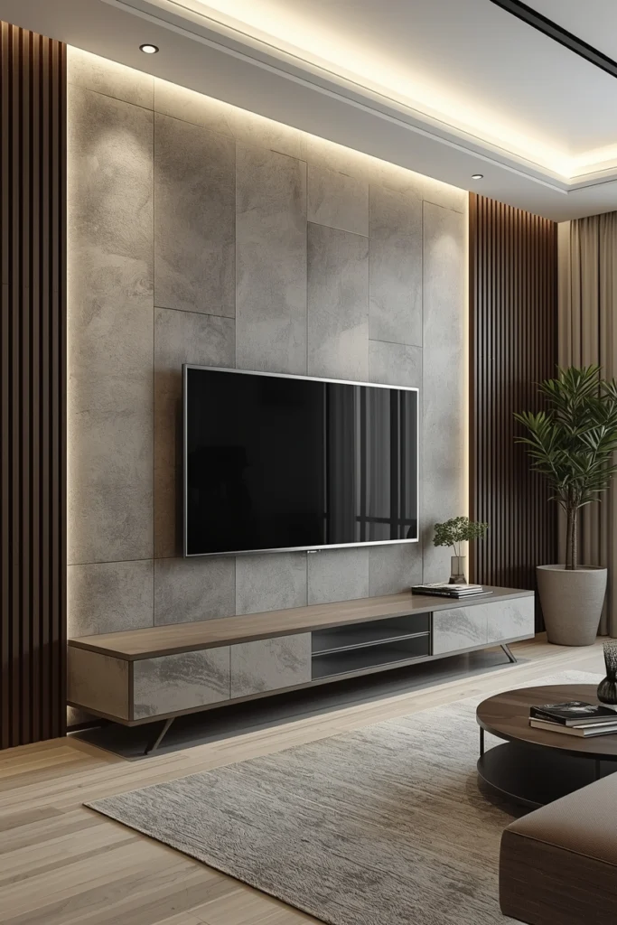 Smooth matte micro-cement TV wall in warm beige tone.