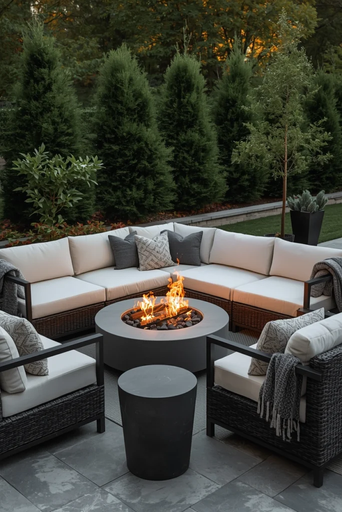 Sofas around a fire table keep cold nights very cozy.