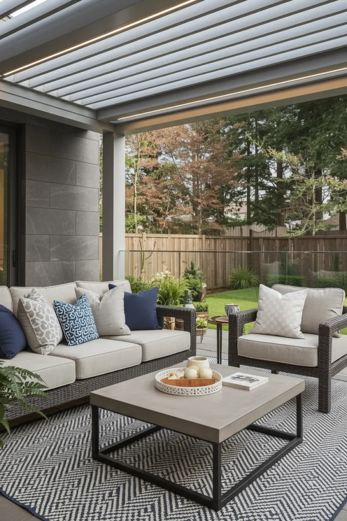 A sofa under a pergola creates a cozy outdoor room.