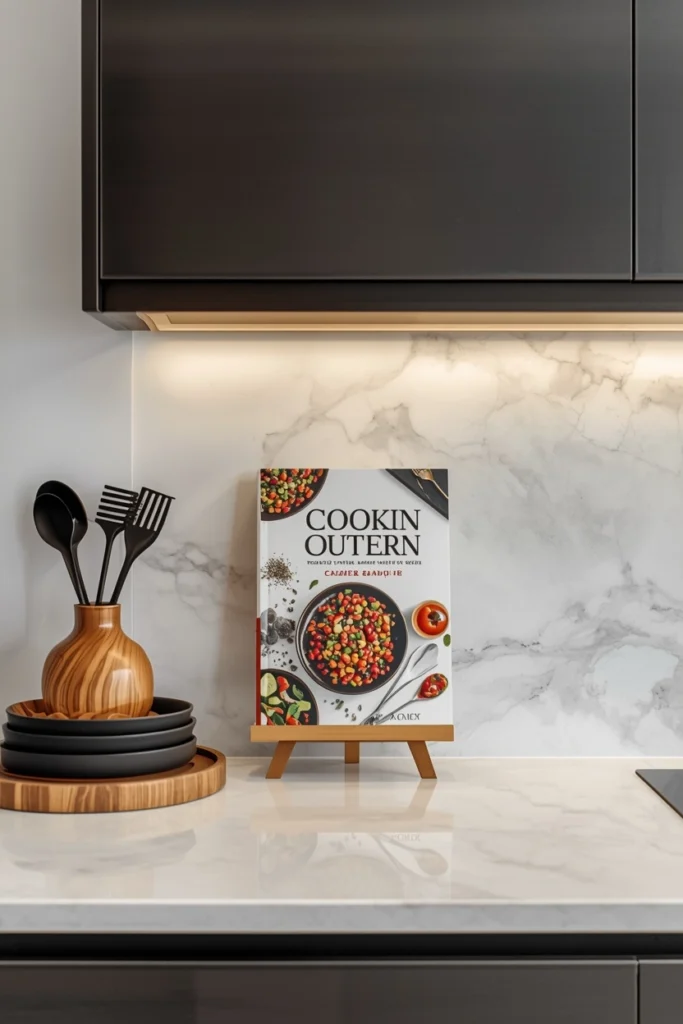 A colorful cookbook leaning against the kitchen wall beautifully.