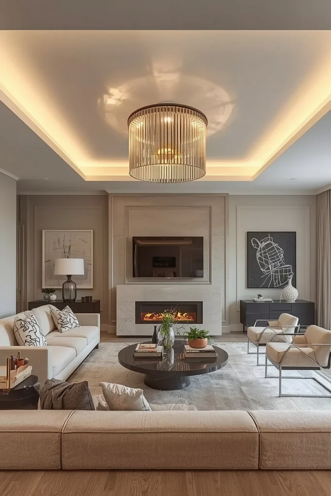 A rattan pendant light hangs in a bright modern living room.