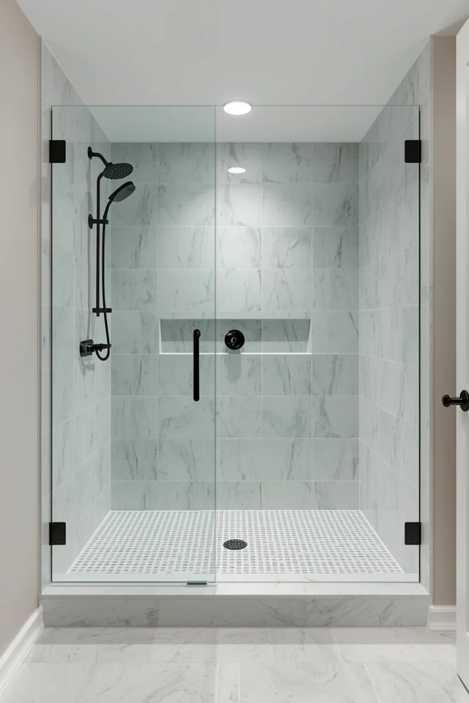 A stepless shower entry looks clean and improves safety.