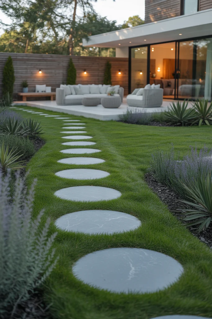 Large stepping stones sit level in the lawn.