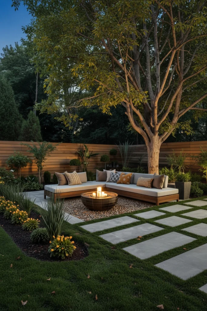 A sunken stone seating area in the backyard.
