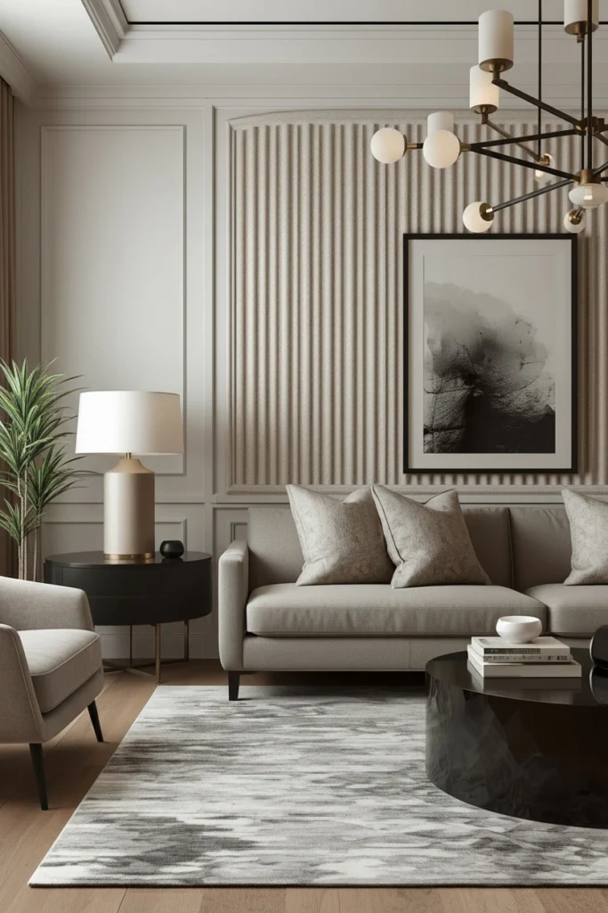Fluted wall panels create an elegant feature behind the sofa.