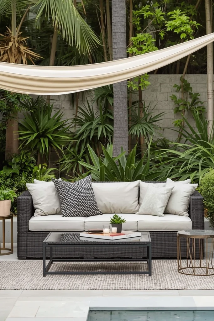 A thick cushion wicker sofa offers superior outdoor comfort.