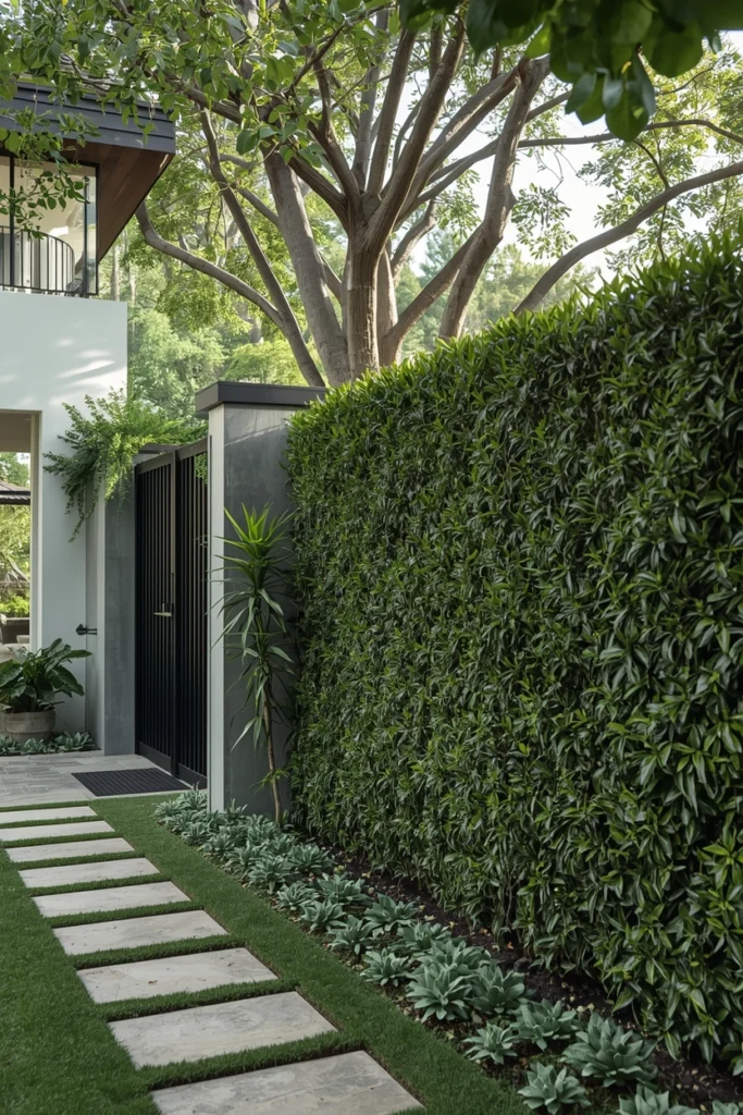 A neat thick hedge lines a backyard fence.