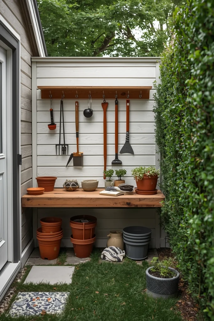A neat timber bench holds backyard gardening tools.