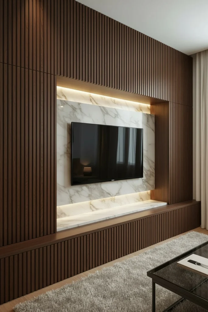 Warm timber slat TV wall with concealed storage drawers.