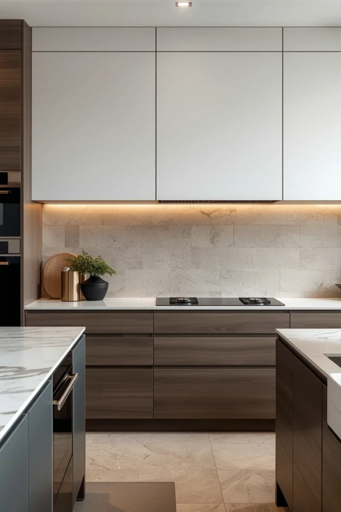 Travertine tiles bring natural warmth to modern kitchen walls.