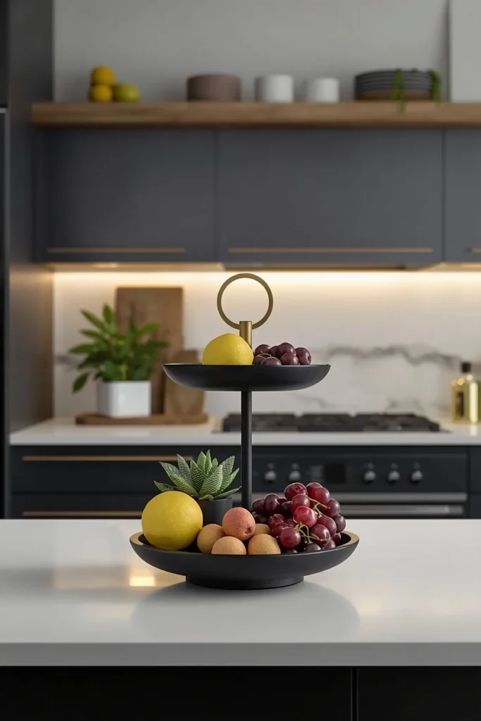 A tiered stand displaying fruit and plants on counter.