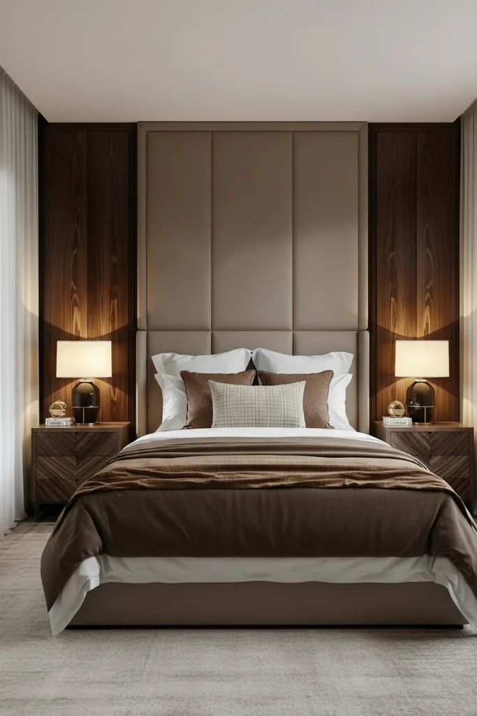 Two matching bedside lamps brighten a tidy bedroom.